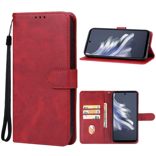 Red leather phone case with flip cover and side strap, card slots