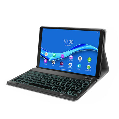 Black Bluetooth keyboard folio case holding tablet in landscape typing position