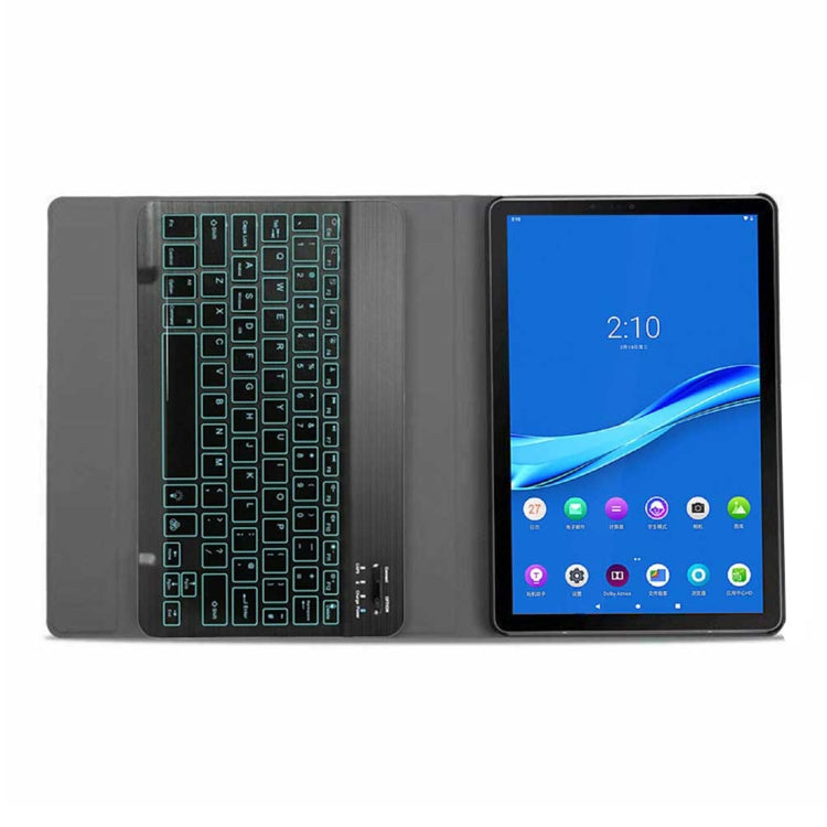 Bluetooth keyboard folio with teal backlit keys and tablet screen in landscape mode