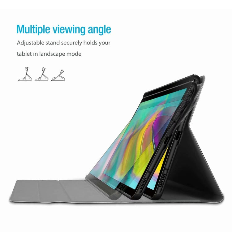 Black tablet folio with adjustable stand holding the tablet at multiple angles