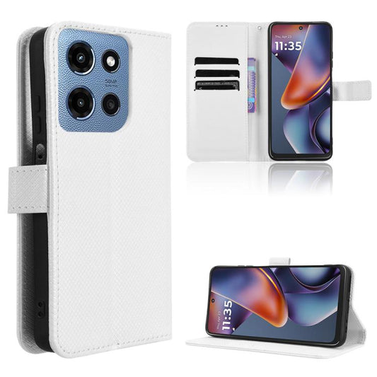 White diamond-texture leather folio phone case with side cutouts and card slots
