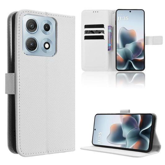 White diamond-texture leather phone case with flip cover and card holder, stand view
