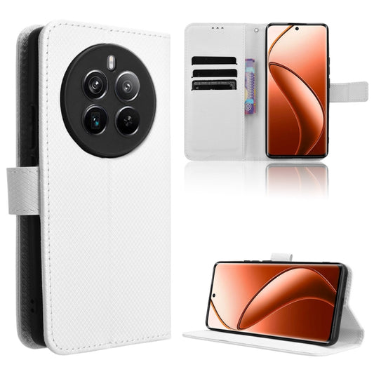 White diamond-texture leather folio phone case with stand and cutouts