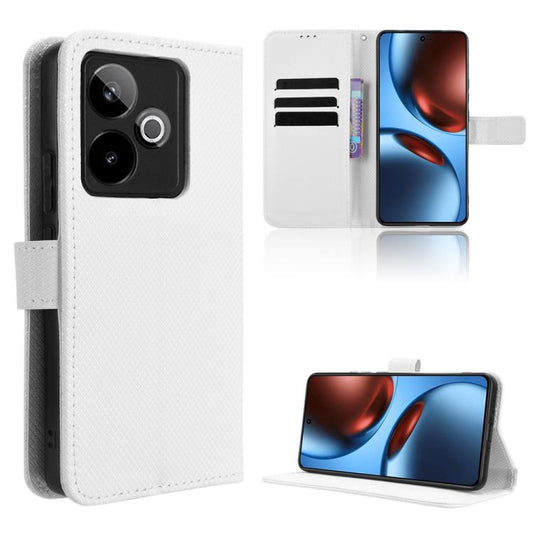White flip leather phone case with diamond texture, card slots, and camera cutout