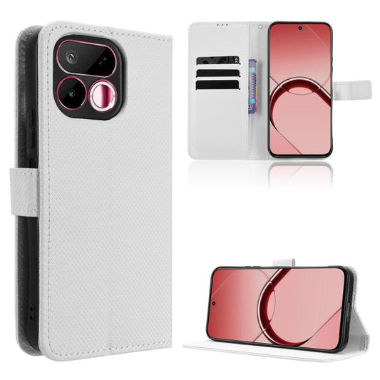 White diamond-texture leather flip phone case with card slots and camera cutout