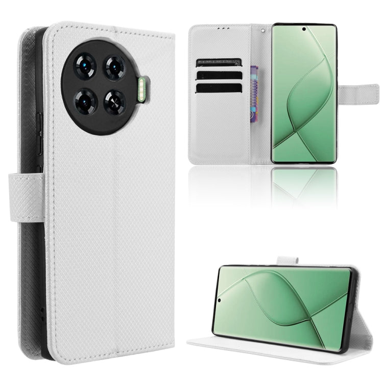 White diamond-texture leather phone case with flip cover and card slots