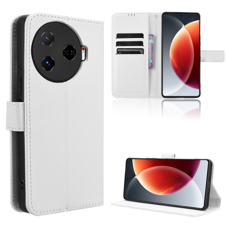 Diamond texture leather flip phone case, white with card slots and stand