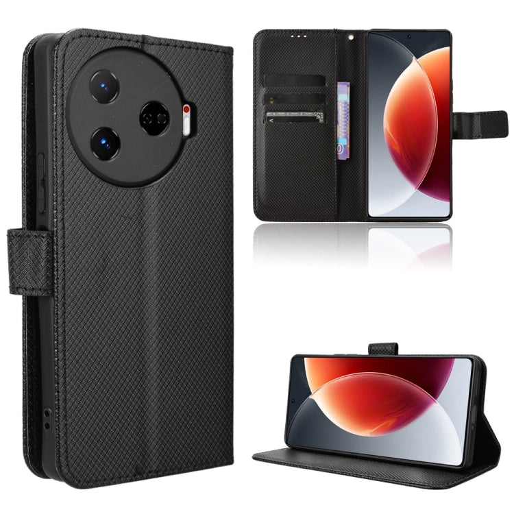 Diamond texture leather flip phone case, black with card slots and stand