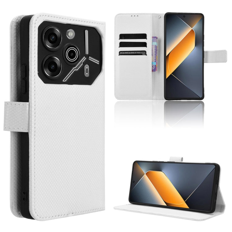 White diamond-texture leather phone case with flip cover and card slots