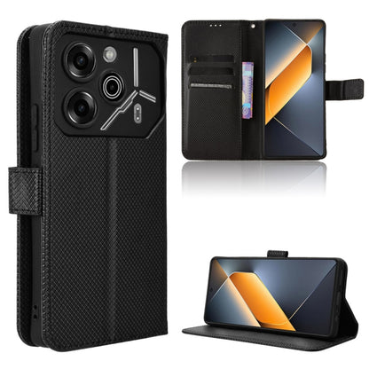 Black diamond-texture leather phone case with flip cover and card slots