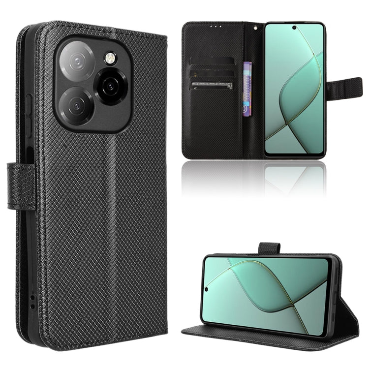 Diamond texture leather phone case, black folio with card slots and stand, camera cutout