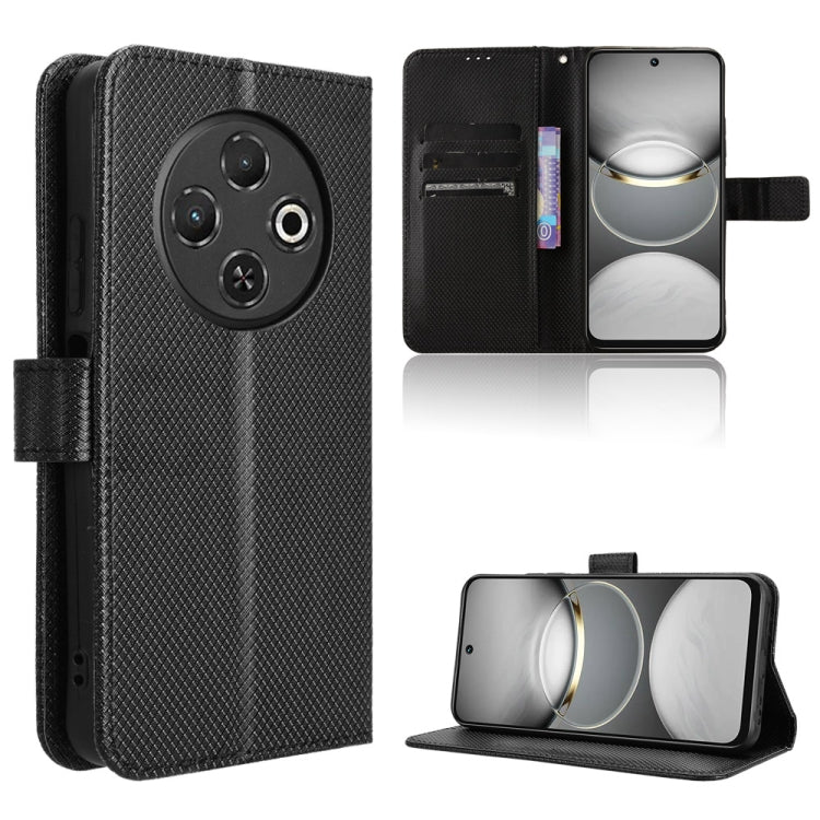 Diamond-texture leather phone case, black, flip cover with slots and kickstand