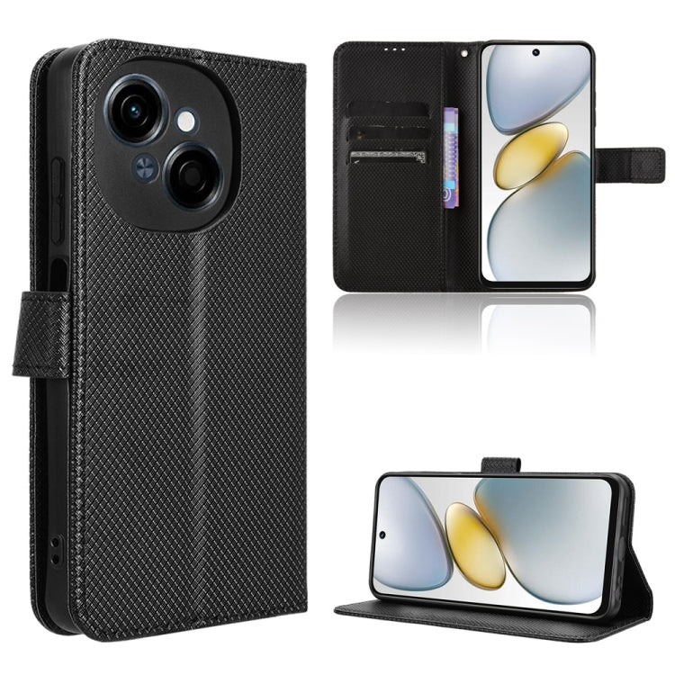 Diamond-texture leather phone case, black, flip cover with slots and kickstand