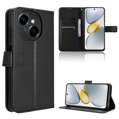 Diamond-texture leather phone case, black, flip cover with slots and kickstand