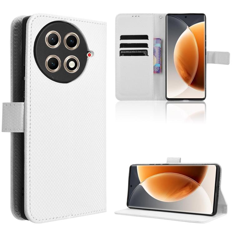 White diamond-texture leather folio phone case with card slots and stand cover