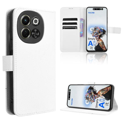 White diamond-texture leather folio phone case with card slots and kickstand