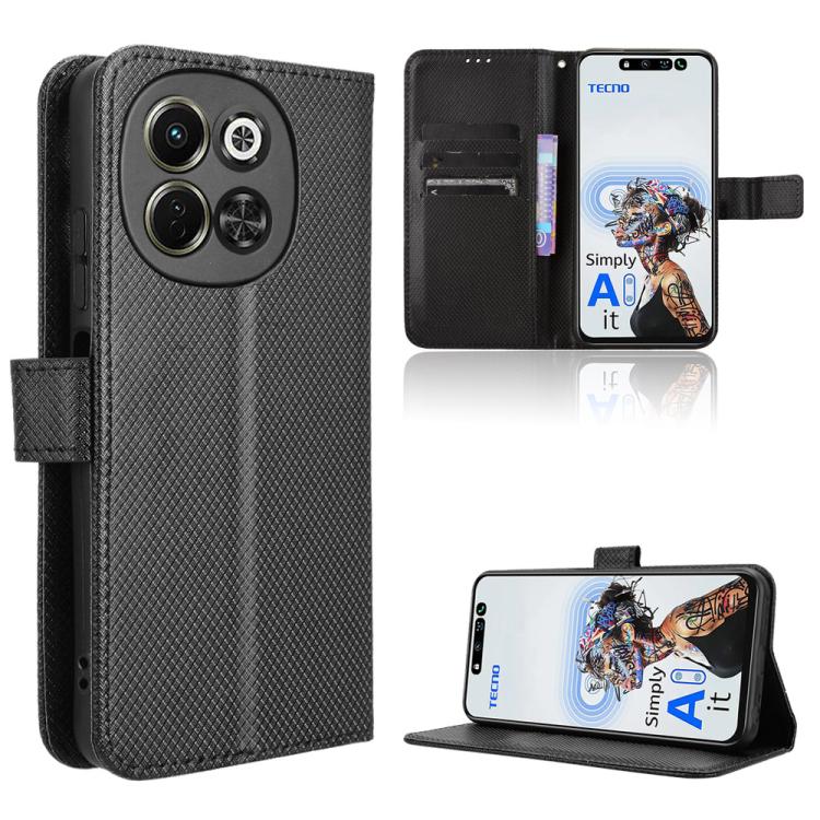 Black diamond-texture leather folio phone case with card slots and kickstand
