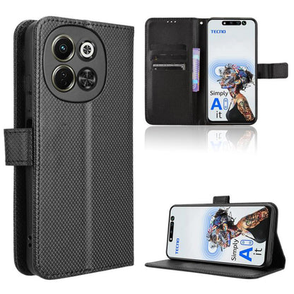 Black diamond-texture leather folio phone case with card slots and kickstand