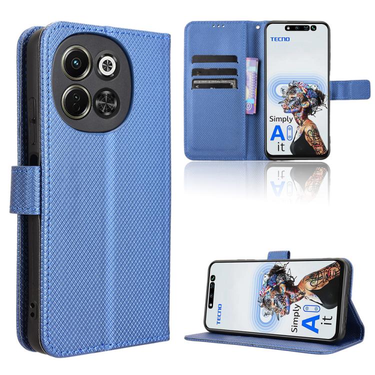 Blue diamond-texture leather folio phone case with card slots and kickstand