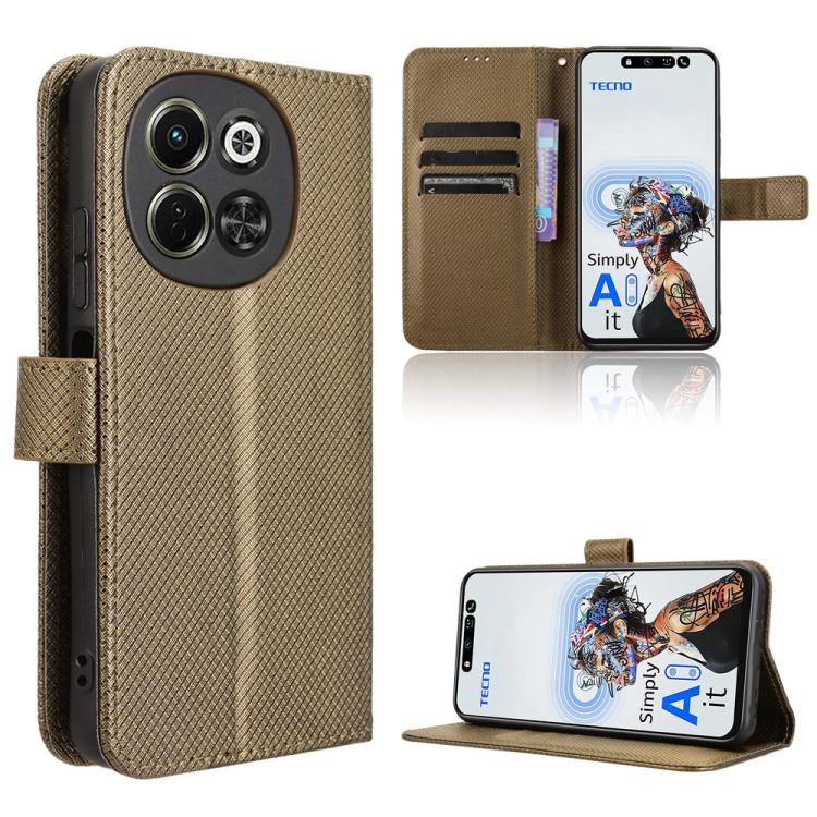 Brown diamond-texture leather folio phone case with card slots and kickstand