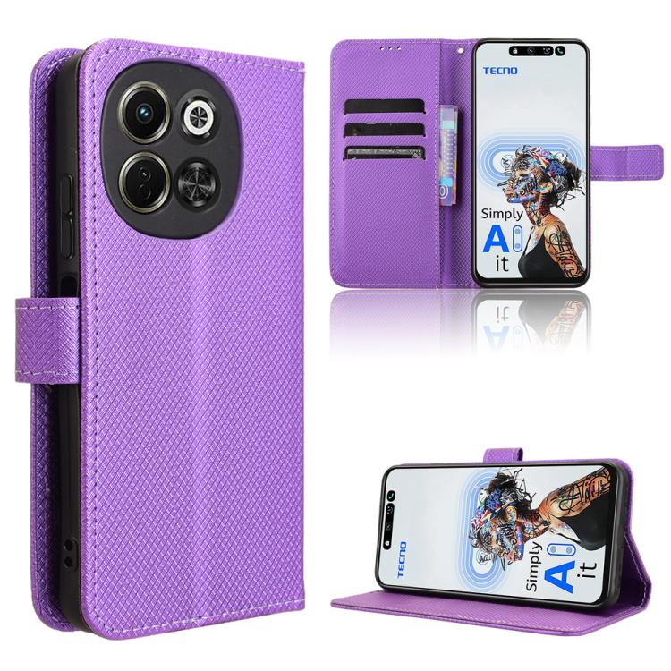 Purple diamond-texture leather folio phone case with card slots and kickstand