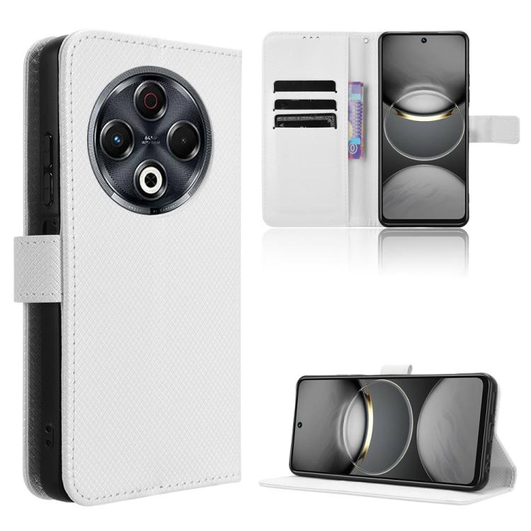 Diamond-texture leather flip phone case with card slots and stand, white