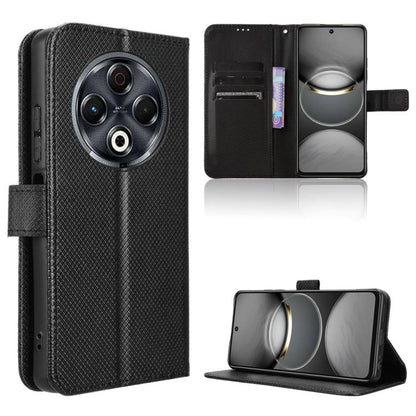 Diamond-texture leather flip phone case with card slots and stand, black
