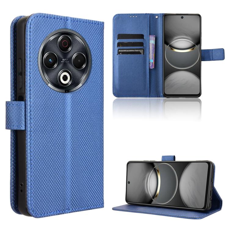 Diamond-texture leather flip phone case with card slots and stand, blue