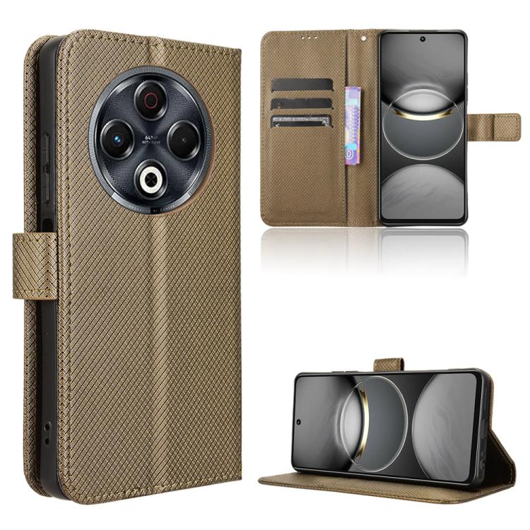 Diamond-texture leather flip phone case with card slots and stand, brown