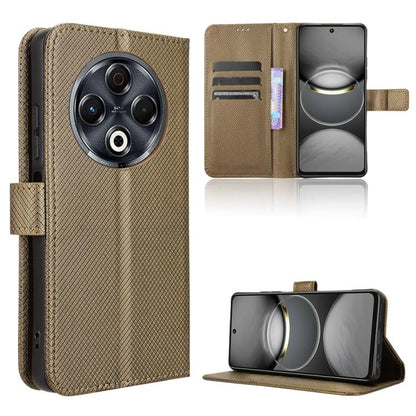 Diamond-texture leather flip phone case with card slots and stand, brown