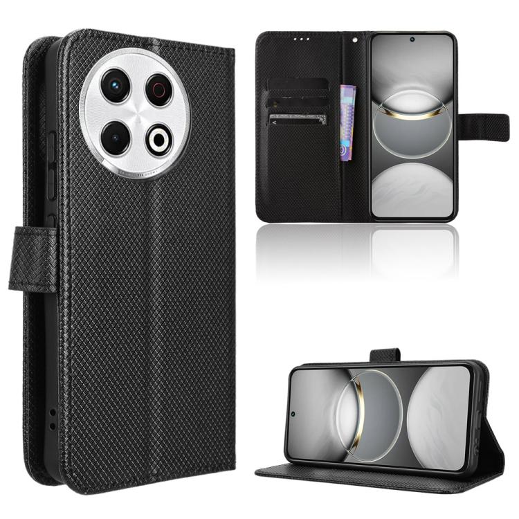 Diamond-texture leather flip phone case with card slots and stand, black