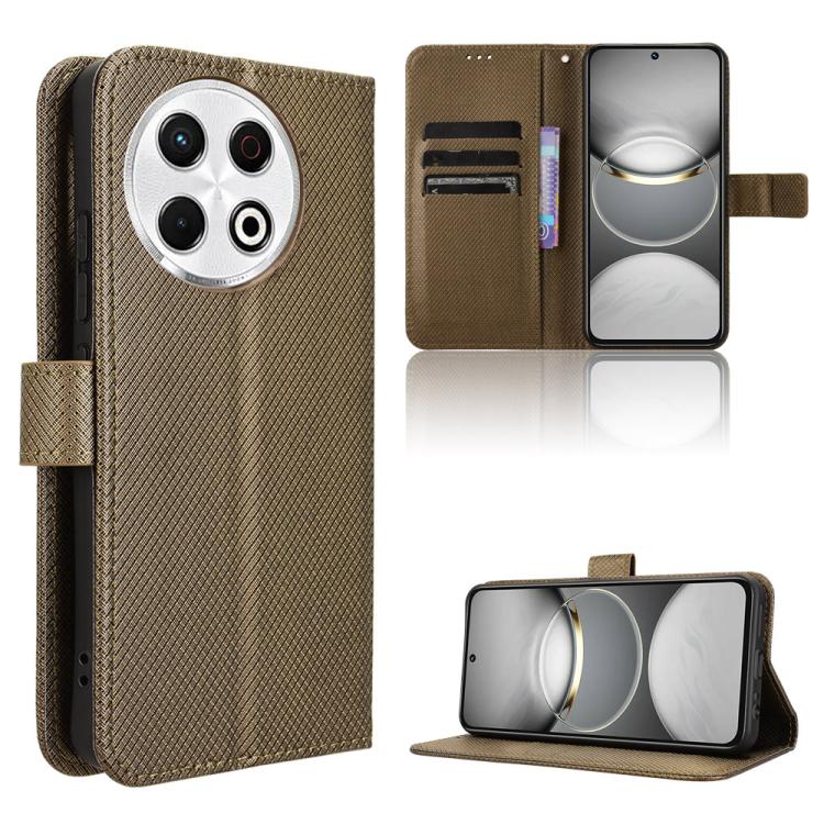 Diamond-texture leather flip phone case with card slots and stand, brown