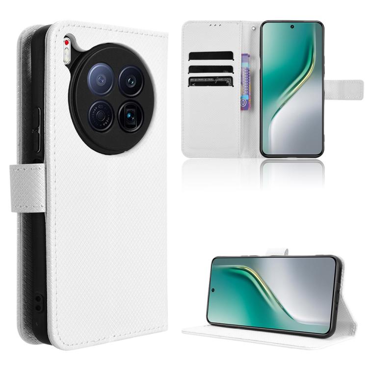 White diamond-texture leather phone case with flip cover, card slots, and kickstand