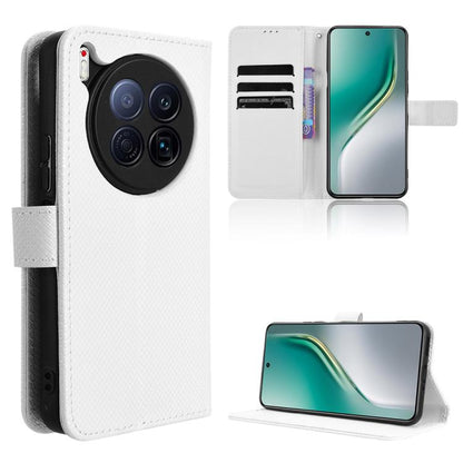 White diamond-texture leather phone case with flip cover, card slots, and kickstand