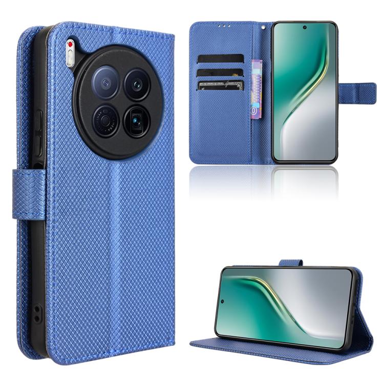 Blue diamond-texture leather phone case with flip cover, card slots, and kickstand