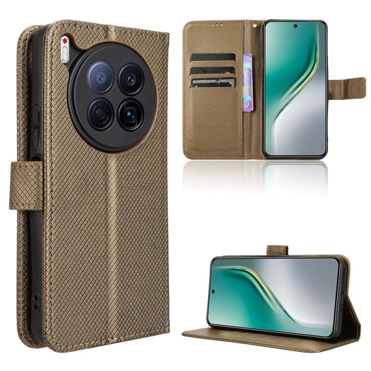 Brown diamond-texture leather phone case with flip cover, card slots, and kickstand