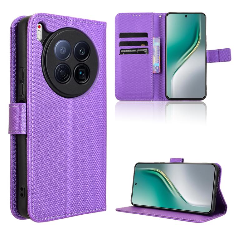 Purple diamond-texture leather phone case with flip cover, card slots, and kickstand