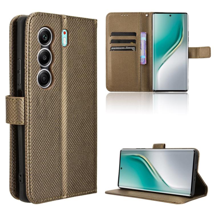 Brown leather wallet phone case with diamond texture and flip cover opening