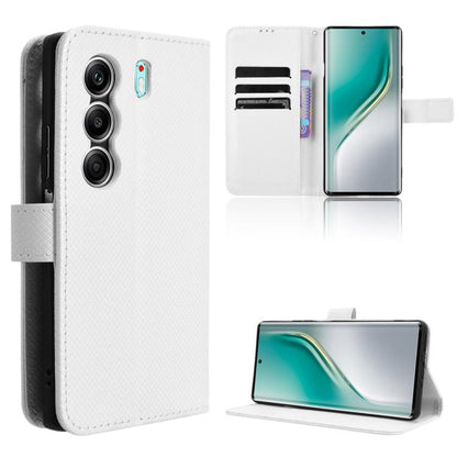 White diamond-texture leather phone case showing back camera cutout and flip cover