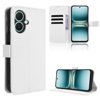 White diamond-texture leather phone case with flip cover and dual camera cutout