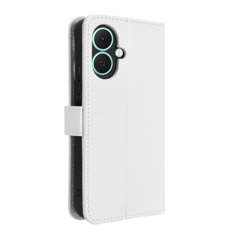 White diamond-texture leather phone case with flip cover and dual camera cutout