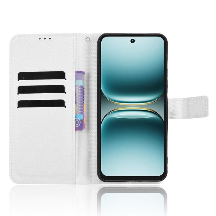 White folio phone case with flip cover and card slots beside the camera cutout