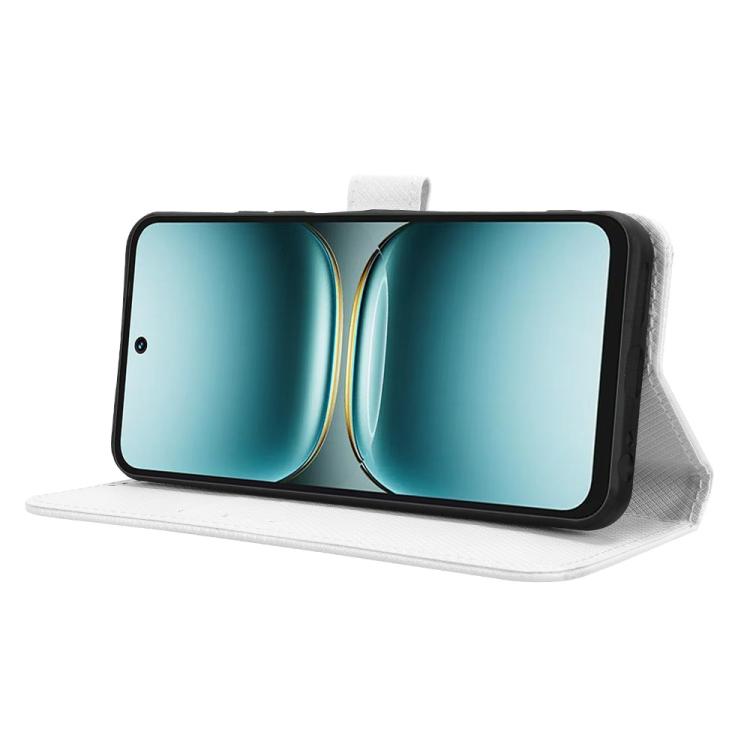 White leather phone case with flip cover and built-in stand for horizontal viewing