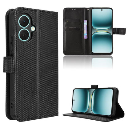 Black diamond-texture leather phone case with flip cover and dual camera cutout