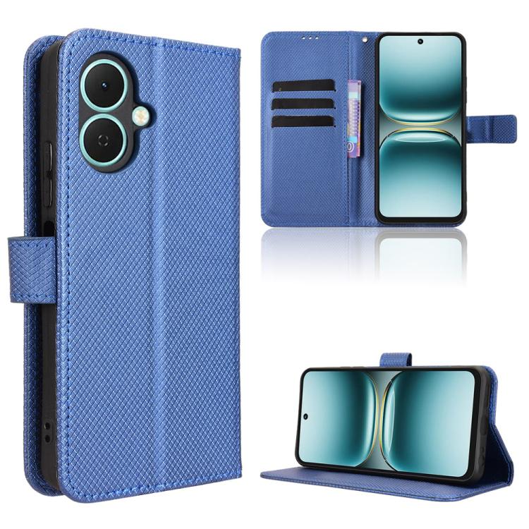 Blue diamond-texture leather phone case with flip cover and dual camera cutout