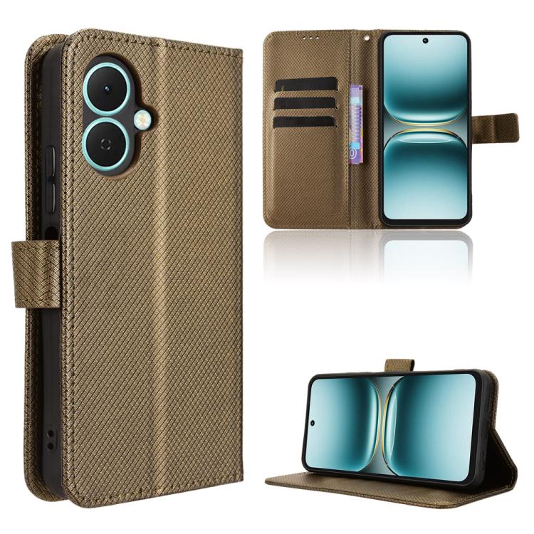 Brown diamond-texture leather phone case with flip cover and dual camera cutout