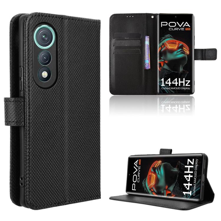 Black diamond-texture leather wallet phone case with flip cover and kickstand view