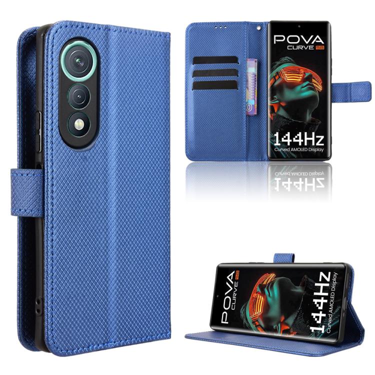 Blue diamond-texture leather wallet phone case with flip cover and stand support