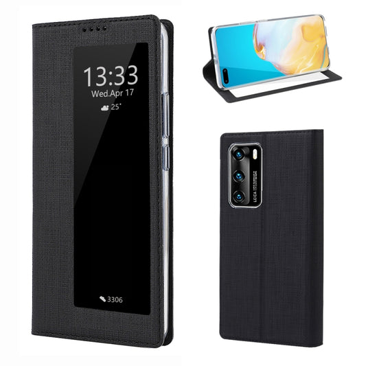Black flip phone case with front view window and magnetic closure for Huawei P40 Pro