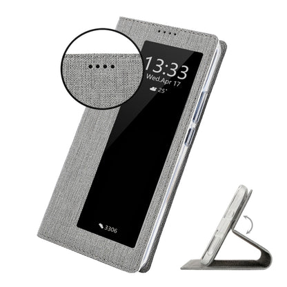 Grey flip phone case with front display window and kickstand viewing support
